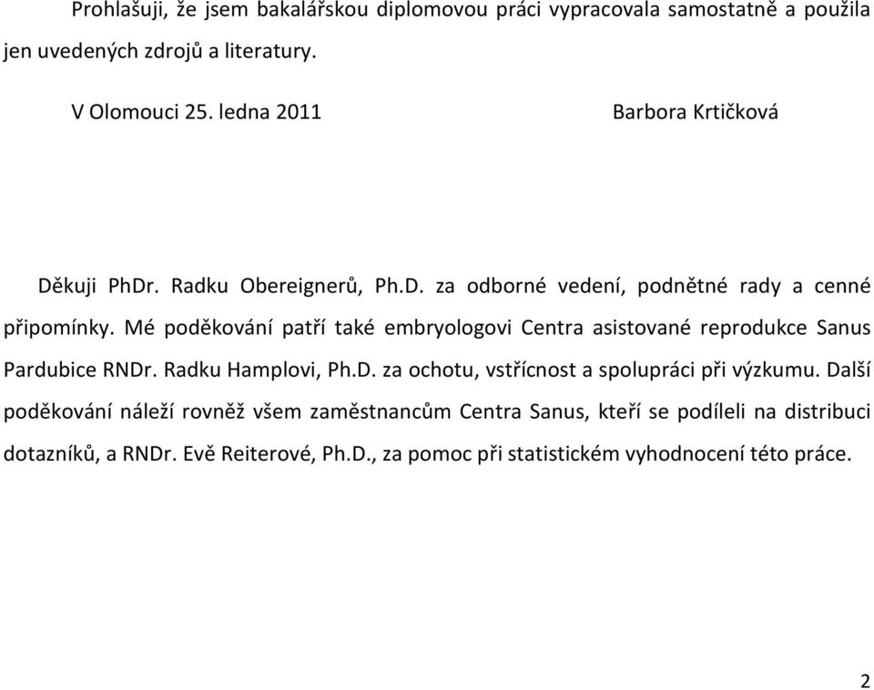 Mé poděkování patří také embryologovi Centra asistované reprodukce Sanus Pardubice RNDr. Radku Hamplovi, Ph.D. za ochotu, vstřícnost a spolupráci při výzkumu.