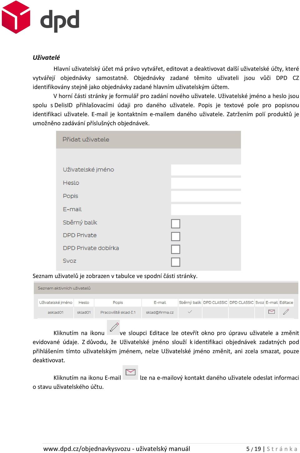 Uživatelské jméno a heslo jsou spolu s DelisID přihlašovacími údaji pro daného uživatele. Popis je textové pole pro popisnou identifikaci uživatele. E-mail je kontaktním e-mailem daného uživatele.