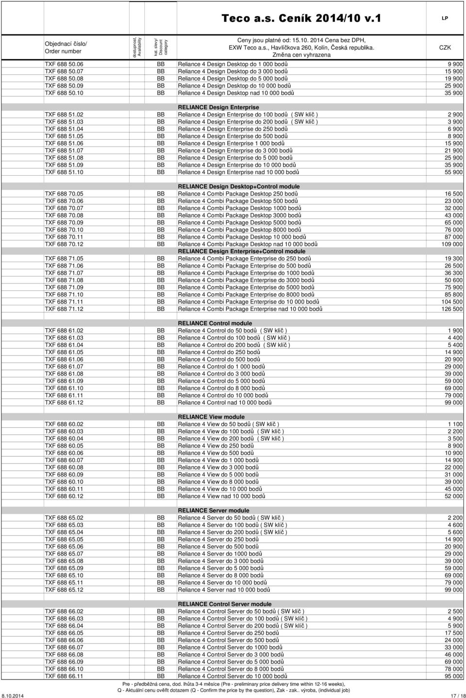 10 BB Reliance 4 Design Desktop nad 10 000 bodů 35 900 RELIANCE Design Enterprise TXF 688 51.02 BB Reliance 4 Design Enterprise do 100 bodů ( SW klíč ) 2 900 TXF 688 51.