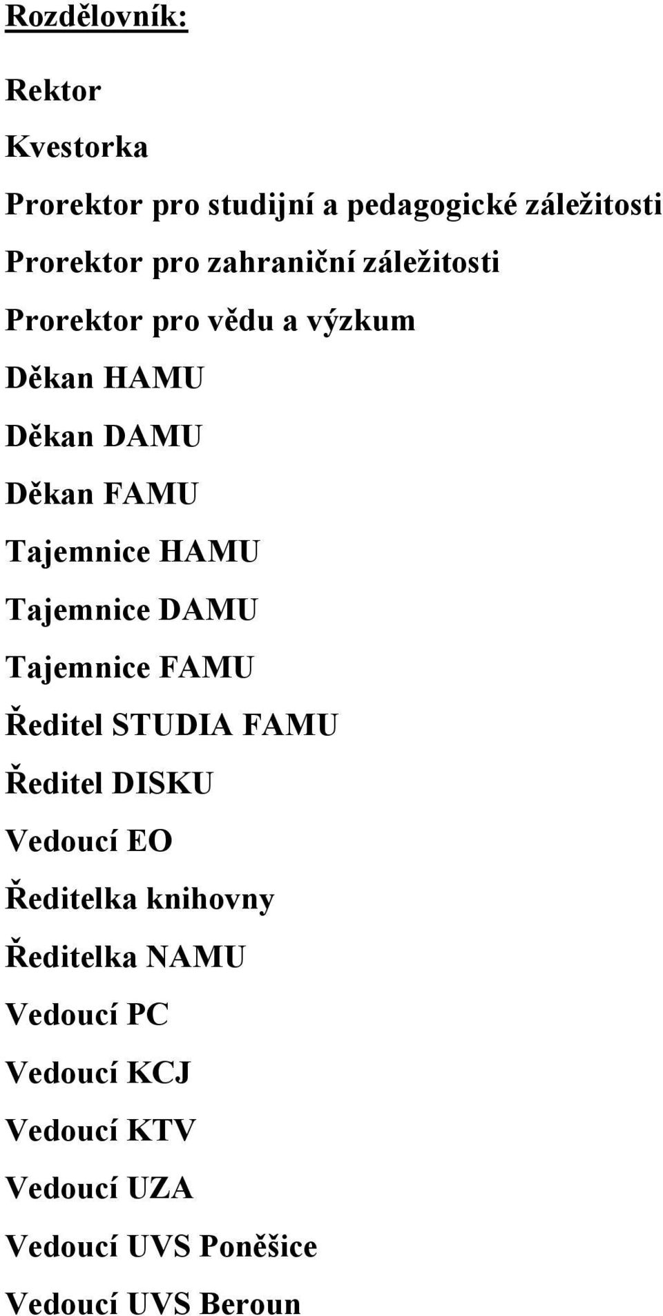 HAMU Tajemnice DAMU Tajemnice FAMU Ředitel STUDIA FAMU Ředitel DISKU Vedoucí EO Ředitelka