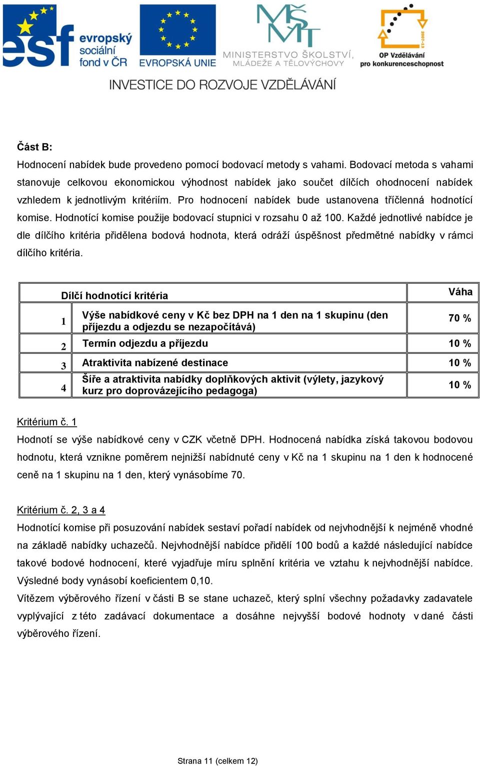 Pro hodnocení nabídek bude ustanovena tříčlenná hodnotící komise. Hodnotící komise použije bodovací stupnici v rozsahu 0 až 100.