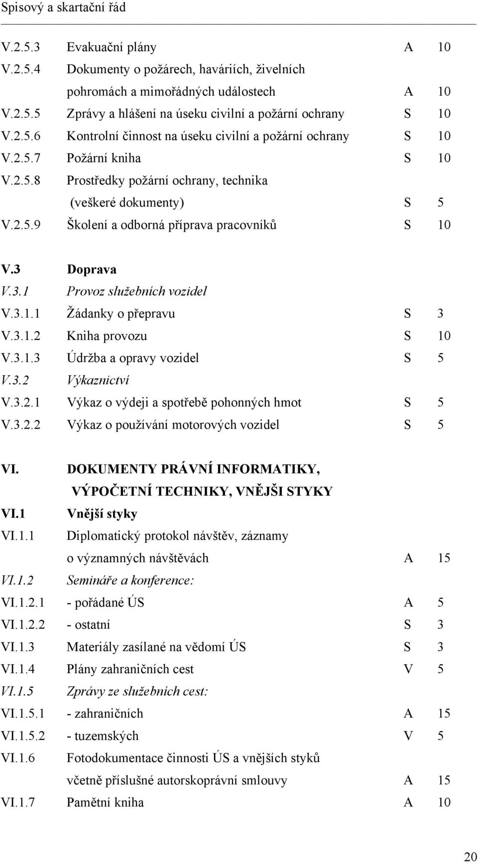 3.1.2 Kniha provozu S 10 V.3.1.3 Údržba a opravy vozidel S 5 V.3.2 Výkaznictví V.3.2.1 Výkaz o výdeji a spotřebě pohonných hmot S 5 V.3.2.2 Výkaz o používání motorových vozidel S 5 VI.