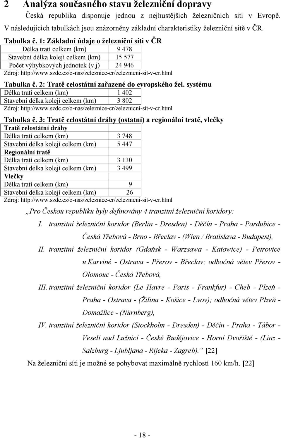 1: Základní údaje o železniční síti v ČR Délka tratí celkem (km) 9 478 Stavební délka kolejí celkem (km) 15 577 Počet výhybkových jednotek (v.j) 24 946 Zdroj: http://www.szdc.