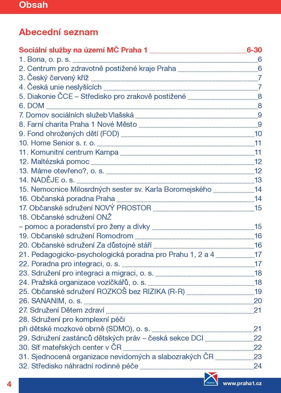 Komunitní centrum Kampa 11 12. Maltézská pomoc 12 13. Máme otevøeno?, o. s. 12 14. NADÌJE o. s. 13 15. Nemocnice Milosrdných sester sv. Karla Boromejského 14 16. Obèanská poradna Praha 14 17.