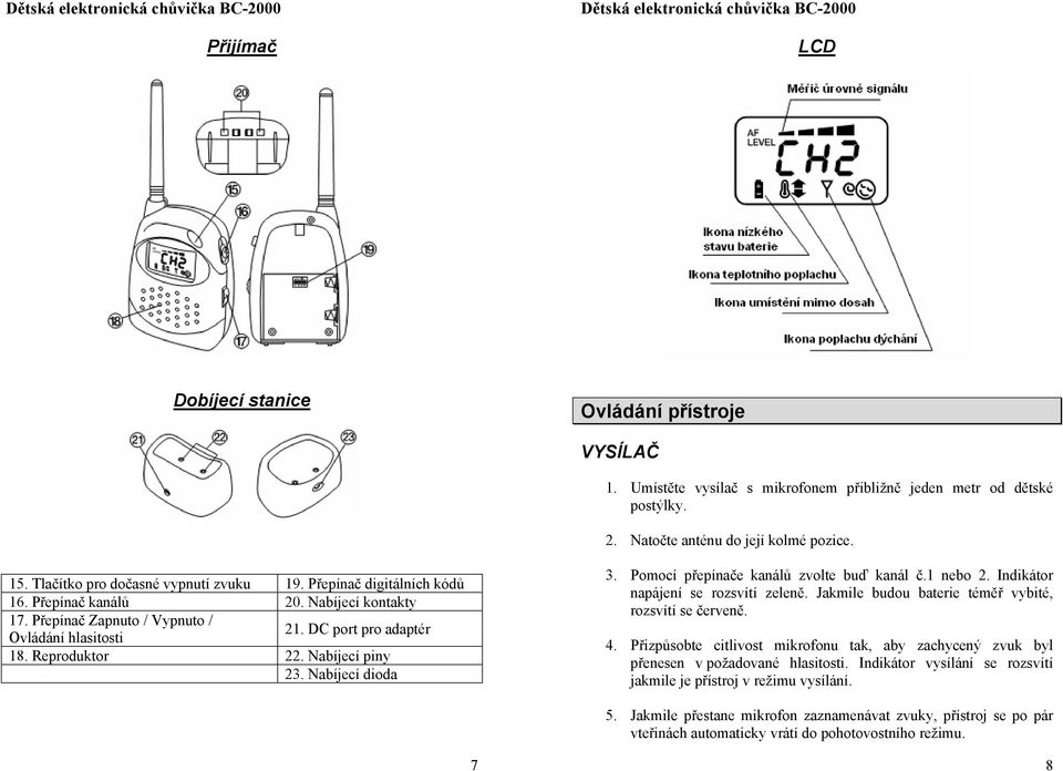 Reproduktor 22. Nabíjecí piny 23. Nabíjecí dioda 3. Pomocí přepínače kanálů zvolte buď kanál č.1 nebo 2. Indikátor napájení se rozsvítí zeleně. Jakmile budou baterie téměř vybité, rozsvítí se červeně.