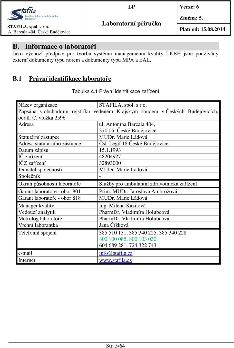 C, vložka 2596 Adresa ul. Antonína Barcala 404, 370 05 České Budějovice Statutární zástupce MUDr. Marie Ládová Adresa statutárního zástupce Čsl. Legií 18