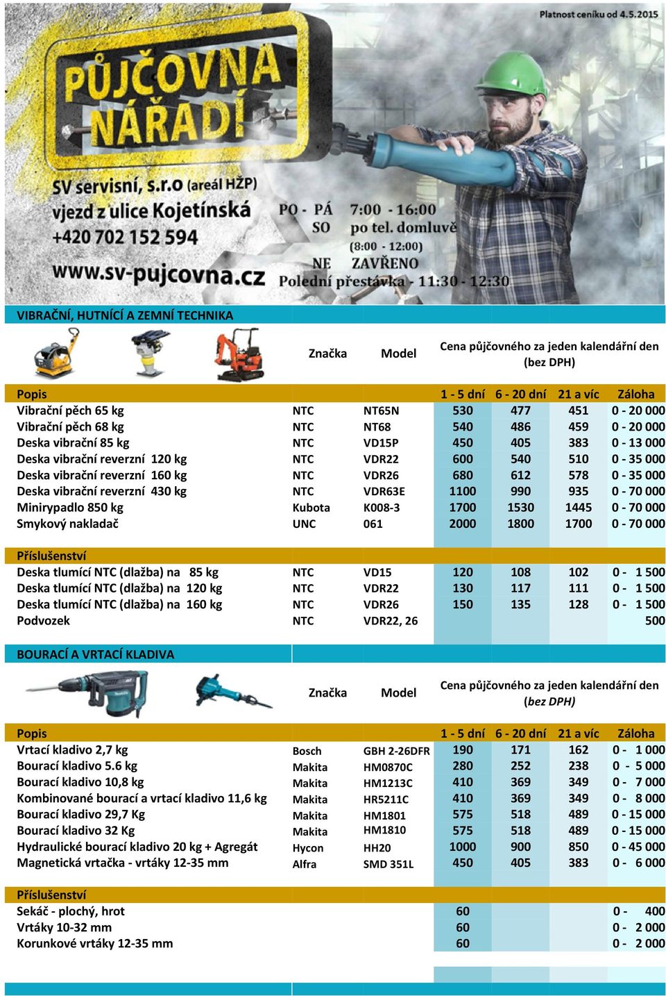 kg Kubota K008 3 1700 1530 1445 0 70 000 Smykový nakladač UNC 061 2000 1800 1700 0 70 000 Příslušenství Deska tlumící NTC (dlažba) na 85 kg NTC VD15 120 108 102 0 1 500 Deska tlumící NTC (dlažba) na