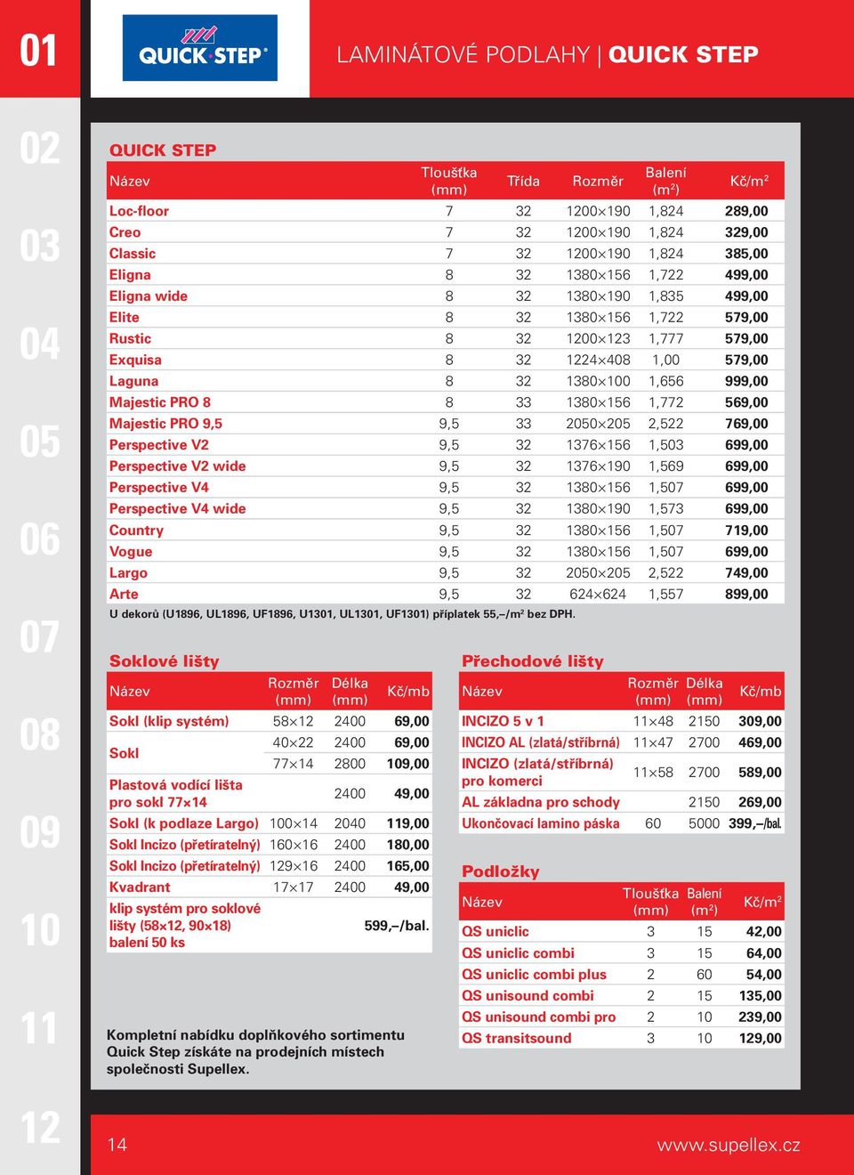 lišty (58, 90 18) balení 50 ks 599, /bal. Kompletní nabídku doplňkového sortimentu Quick Step získáte na prodejních místech společnosti Supellex.