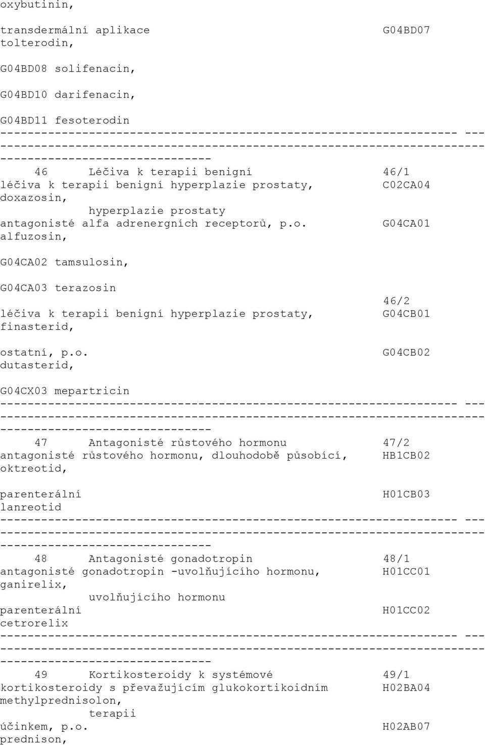 o. dutasterid, 46/2 G04CB01 G04CB02 G04CX03 mepartricin 47 Antagonisté růstového hormonu 47/2 antagonisté růstového hormonu, dlouhodobě působící, HB1CB02 oktreotid, parenterální H01CB03 lanreotid 48