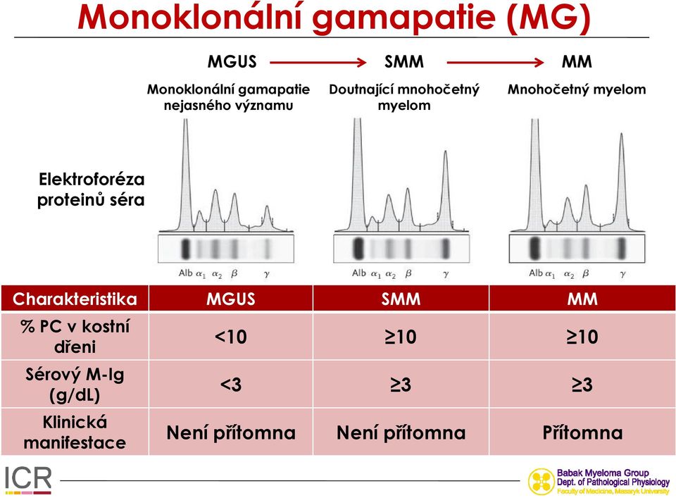 proteinů séra Charakteristika MGUS SMM MM % PC v kostní dřeni Sérový M-Ig