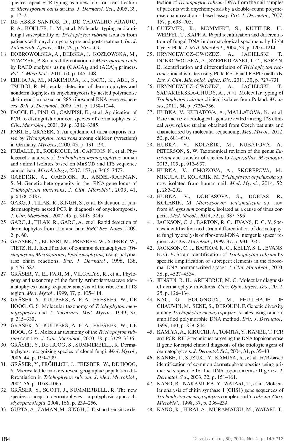 DOBROWOLSKA, A., DEBSKA, J., KOZŁOWSKA, M., STĄCZEK, P. Strains differentiation of Microsporum canis by RAPD analysis using (GACA) 4 and (ACA) 5 primers. Pol. J. Microbiol., 2011, 60, p. 145 148. 19.