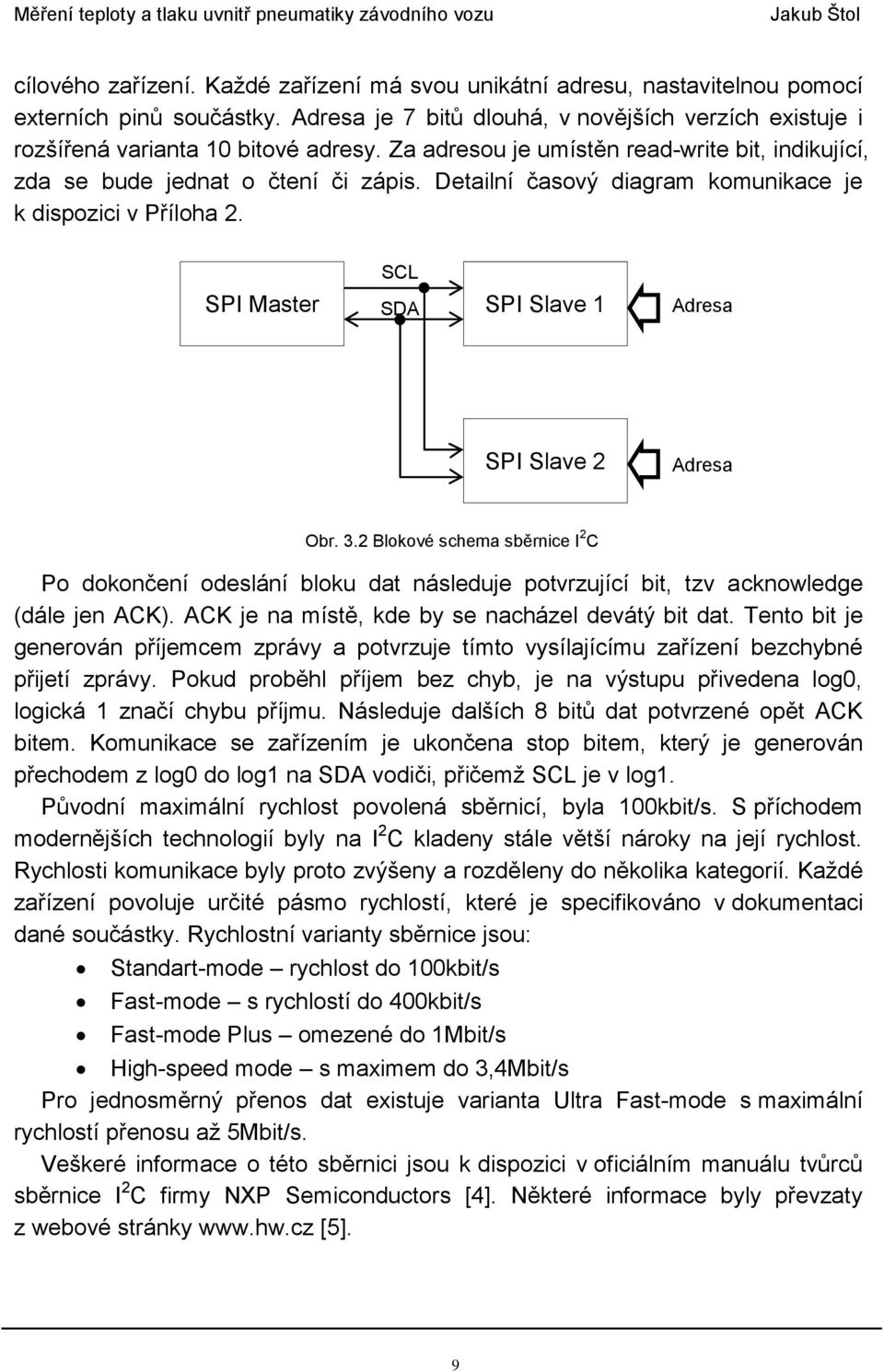 SCL SPI Master SPI Slave 1 SDA Adresa SPI Slave 2 Adresa Obr. 3.2 Blokové schema sběrnice I 2 C Po dokončení odeslání bloku dat následuje potvrzující bit, tzv acknowledge (dále jen ACK).