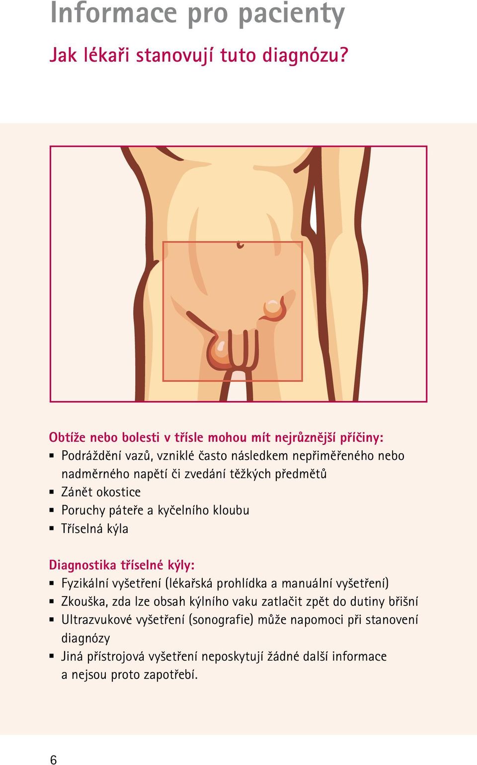 těžkých předmětů Zánět okostice Poruchy páteře a kyčelního kloubu Tříselná kýla Diagnostika tříselné kýly: Fyzikální vyšetření (lékařská prohlídka a