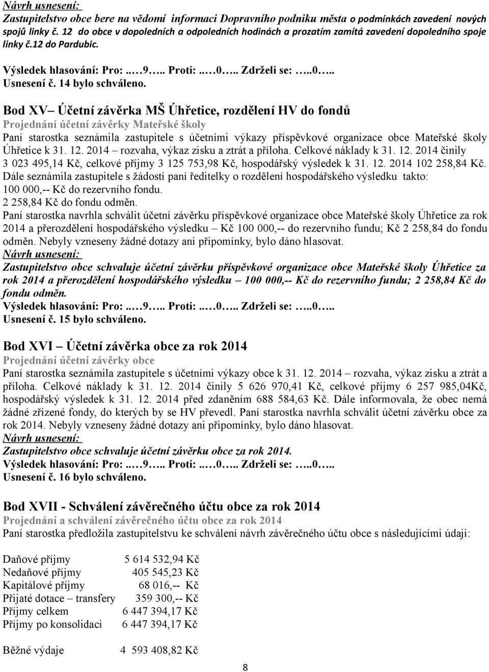 Bod XV Účetní závěrka MŠ Úhřetice, rozdělení HV do fondů Projednání účetní závěrky Mateřské školy Paní starostka seznámila zastupitele s účetními výkazy příspěvkové organizace obce Mateřské školy