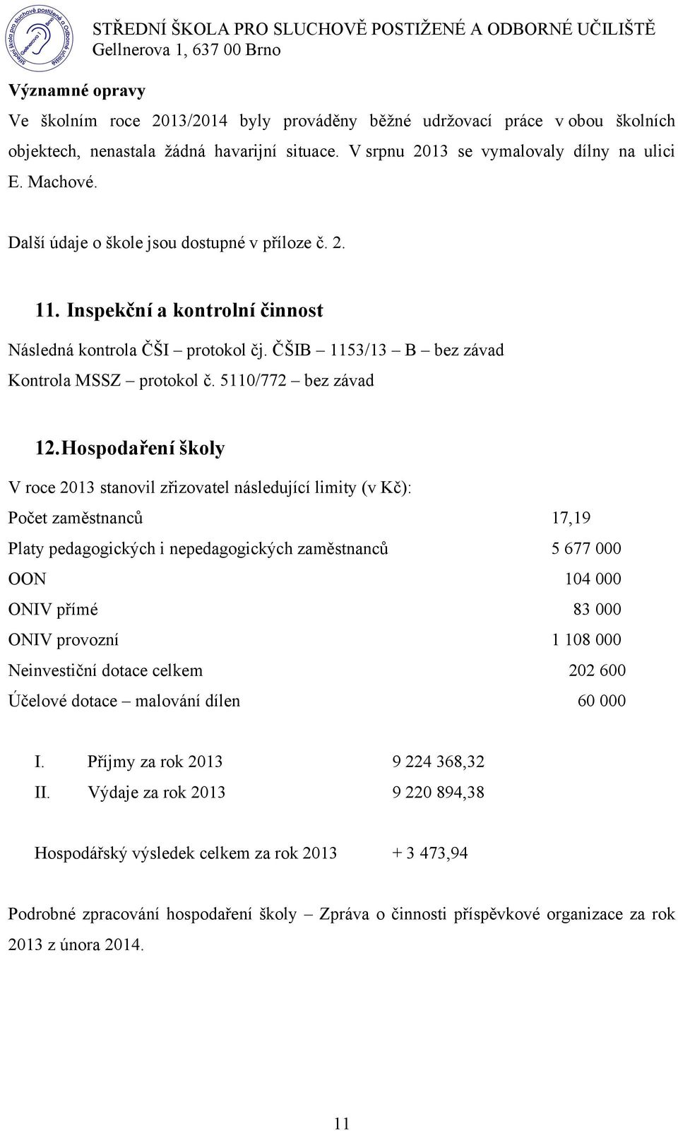 Hospodaření školy V roce 2013 stanovil zřizovatel následující limity (v Kč): Počet zaměstnanců 17,19 Platy pedagogických i nepedagogických zaměstnanců 5 677 000 OON 104 000 ONIV přímé 83 000 ONIV