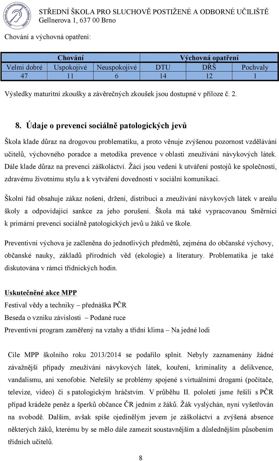 zneužívání návykových látek. Dále klade důraz na prevenci záškoláctví. Žáci jsou vedeni k utváření postojů ke společnosti, zdravému životnímu stylu a k vytváření dovedností v sociální komunikaci.