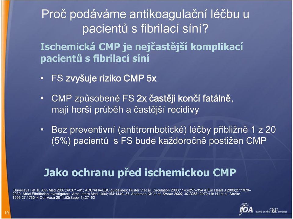 preventivní (antitrombotické) léčby přibližně 1 z 20 (5%) pacientů s FS bude každoročně postižen CMP Jako ochranu před ischemickou CMP Savelieva I et al.