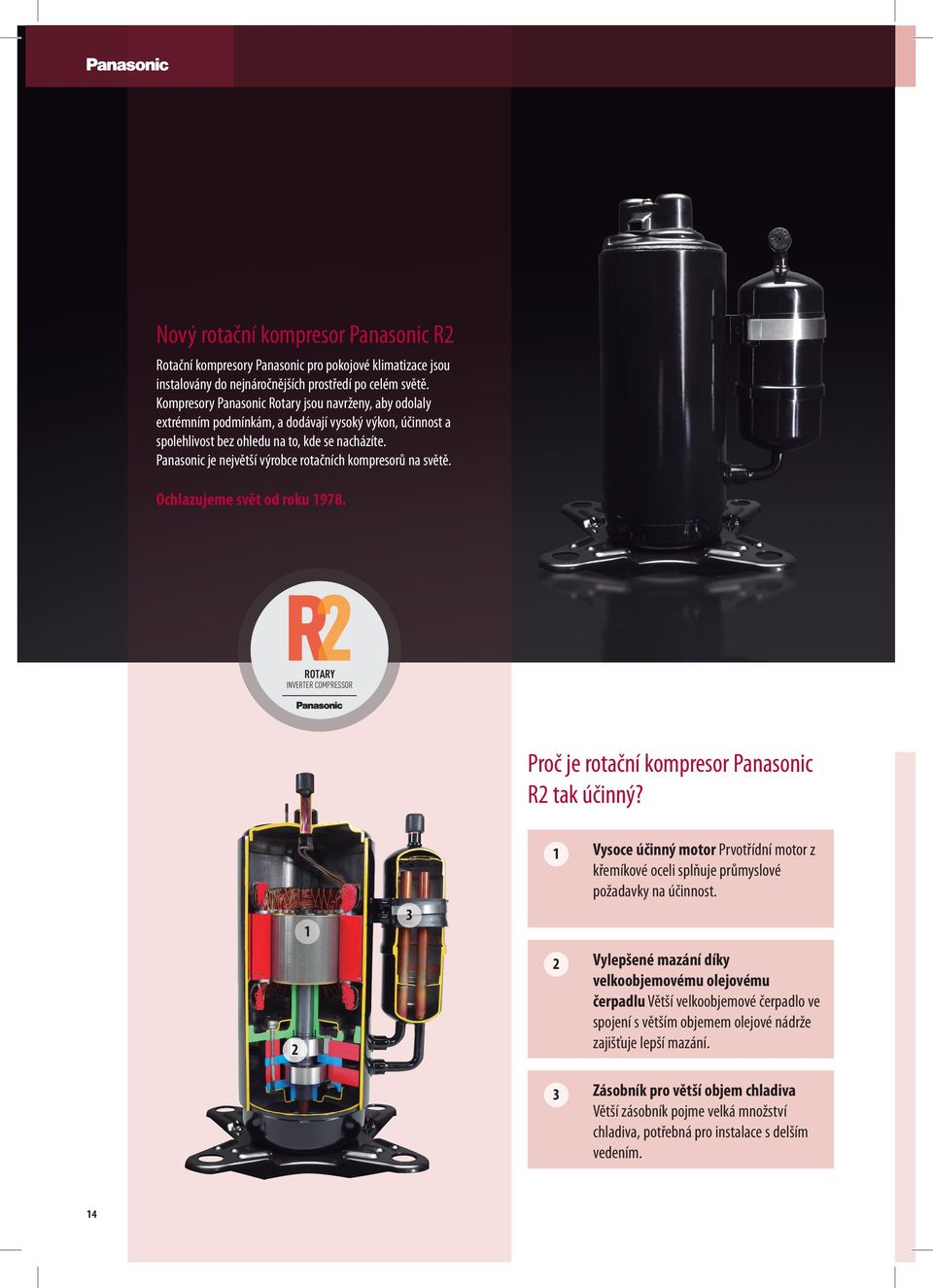 Panasonic je největší výrobce rotačních kompresorů na světě. Ochlazujeme svět od roku 1978. ROTARY INVERTER COMPRESSOR Proč je rotační kompresor Panasonic R2 tak účinný?