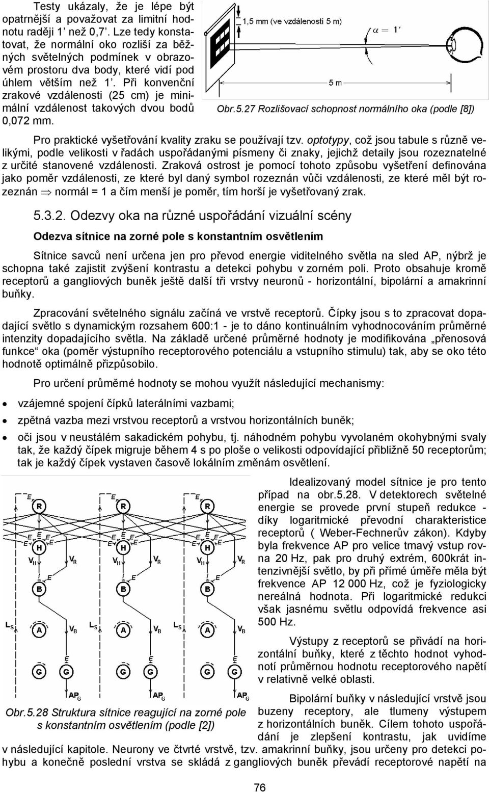 Při konvenční zrakové vzdálenosti (25 cm) je minimální vzdálenost takových dvou bodů 0,072 mm. Obr.5.27 Rozlišovací schopnost normálního oka (podle [8]) Pro praktické vyšetřování kvality zraku se používají tzv.