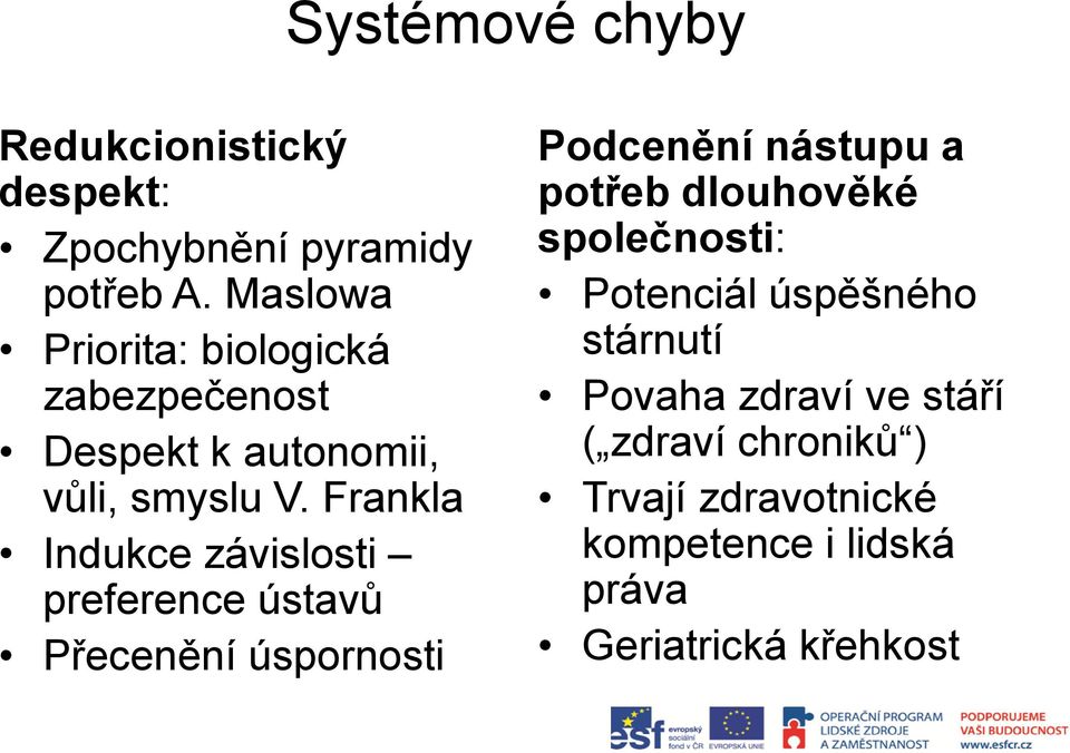 Frankla Indukce závislosti preference ústavů Přecenění úspornosti Podcenění nástupu a potřeb