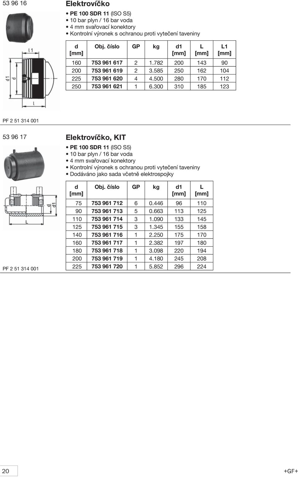 300 310 185 123 PF 2 51 314 001 53 96 17 Elektrovíčko, KIT PE 100 SDR 11 (ISO S5) 10 bar plyn / 16 bar voa 4 mm svařovací konektory Kontrolní výronek s ochranou proti vytečení taveniny Doáváno jako