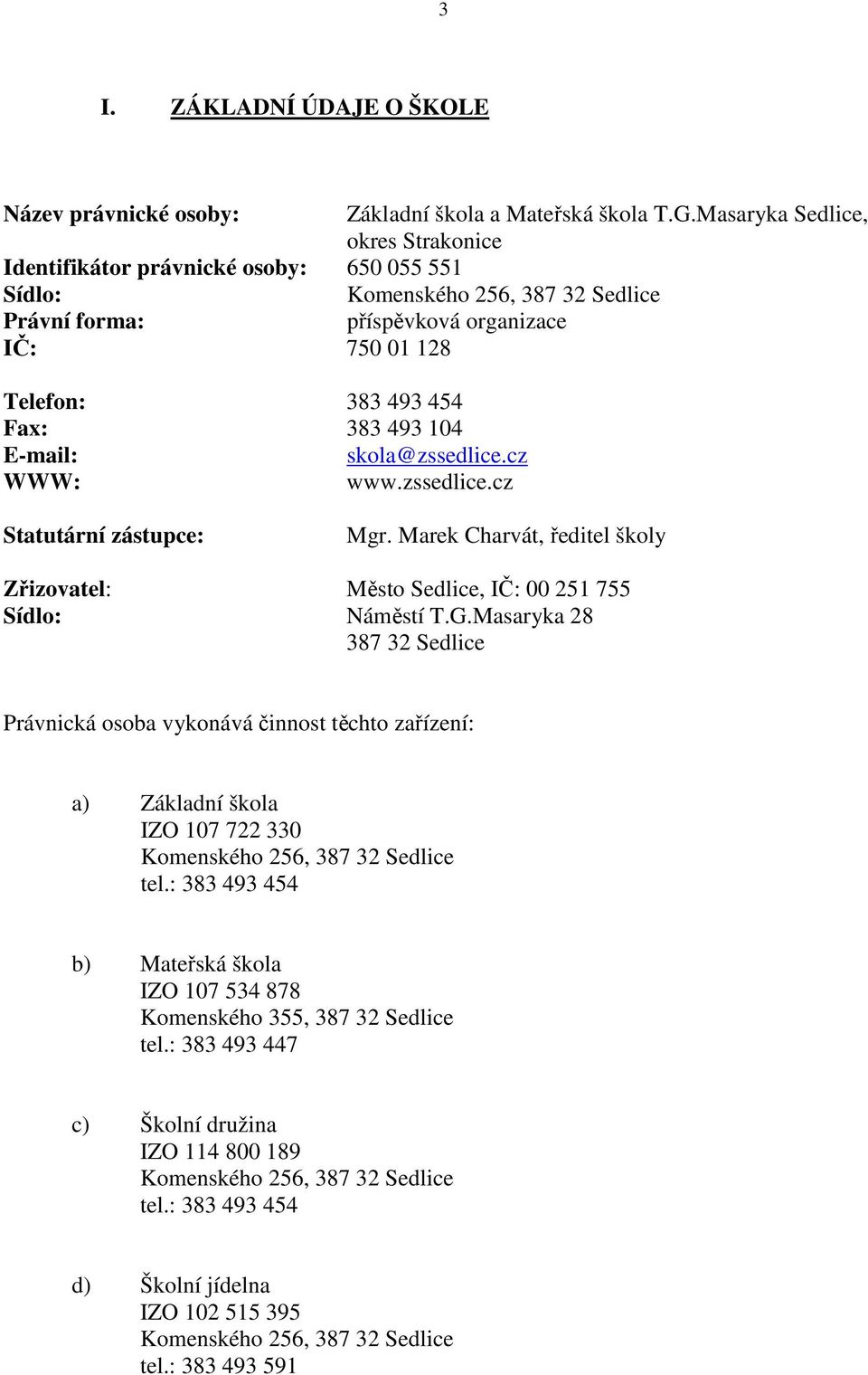 493 104 E-mail: skola@zssedlice.cz WWW: www.zssedlice.cz Statutární zástupce: Mgr. Marek Charvát, ředitel školy Zřizovatel: Město Sedlice, IČ: 00 251 755 Sídlo: Náměstí T.G.