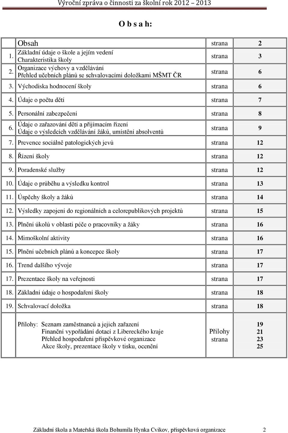 Údaje o zařazování dětí a přijímacím řízení Údaje o výsledcích vzdělávání žáků, umístění absolventů strana 9 7. Prevence sociálně patologických jevů strana 12 8. Řízení školy strana 12 9.