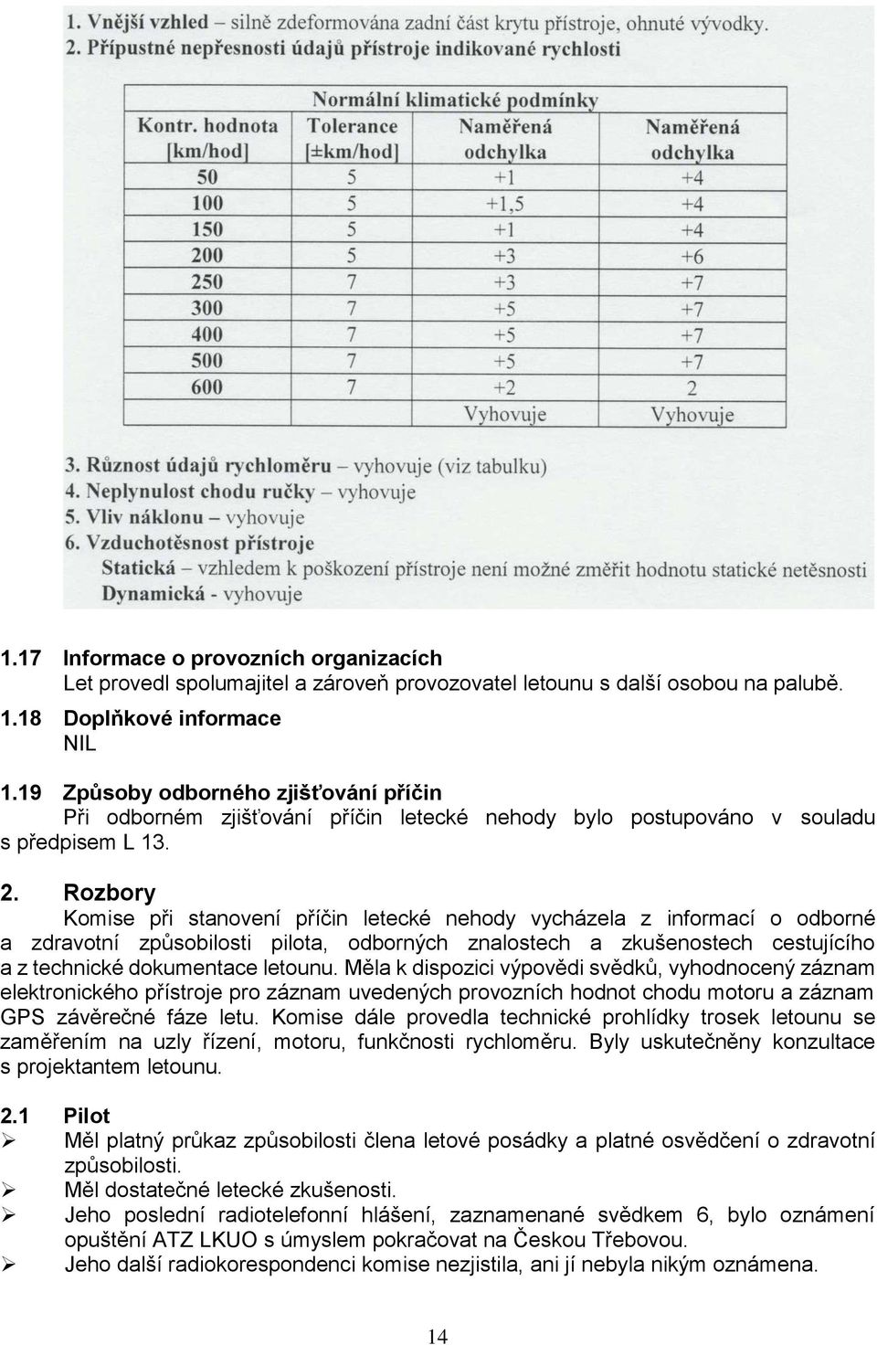 Rozbory Komise při stanovení příčin letecké nehody vycházela z informací o odborné a zdravotní způsobilosti pilota, odborných znalostech a zkušenostech cestujícího a z technické dokumentace letounu.