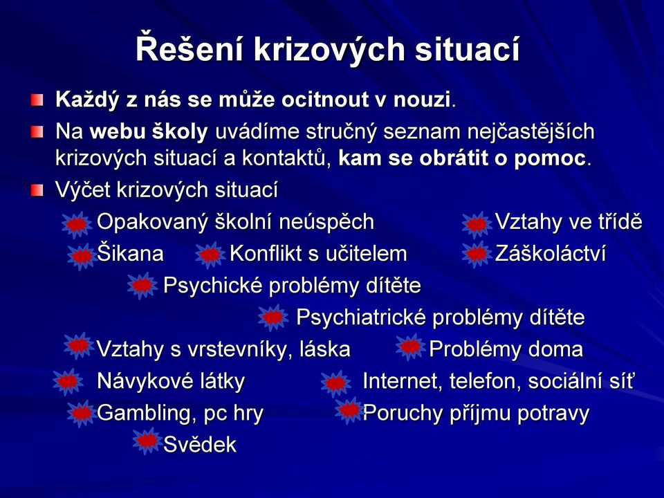 Výčet krizových situací Opakovaný školní neúspěch Vztahy ve třídě Šikana Konflikt s učitelem Záškoláctví Psychické