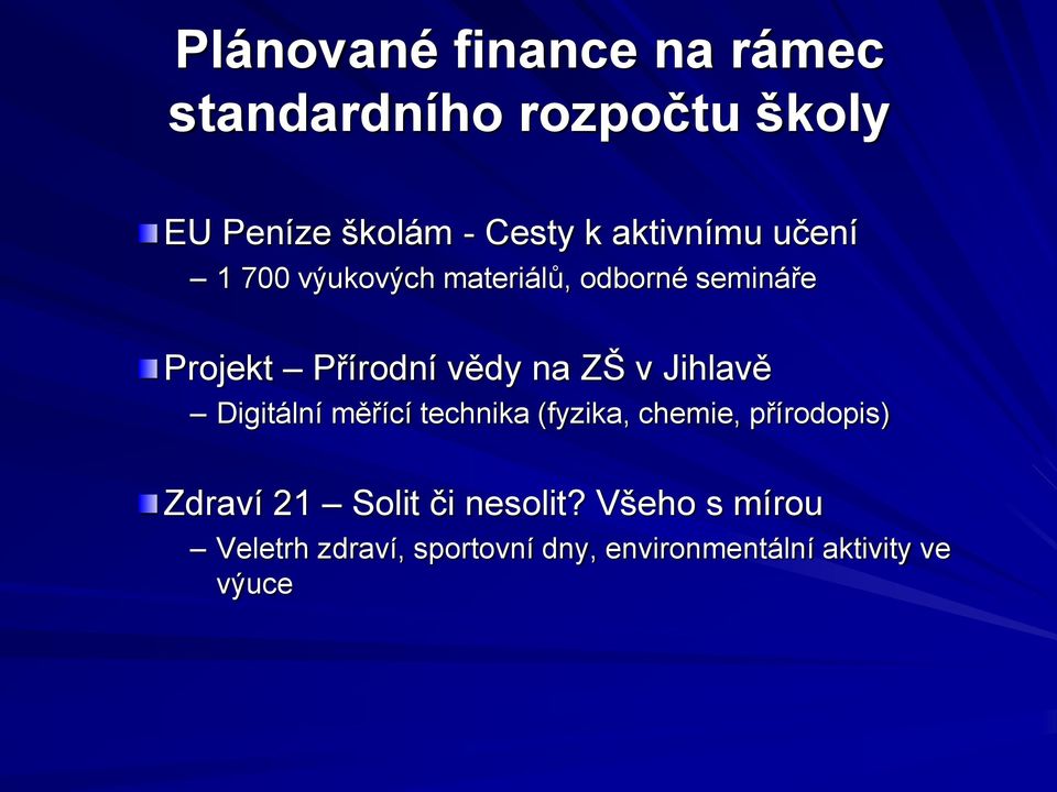 ZŠ v Jihlavě Digitální měřící technika (fyzika, chemie, přírodopis) Zdraví 21 Solit