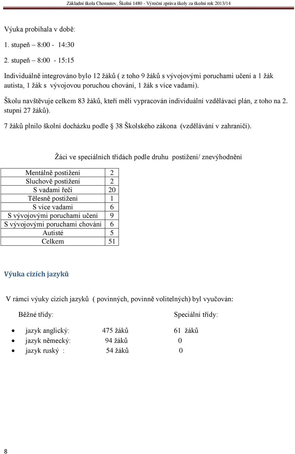 Školu navštěvuje celkem 83 žáků, kte í měli vypracován individuální vzdělávací plán, z toho na 2. stupni 27 žáků). 7 žáků plnilo školní docházku podle 38 Školského zákona (vzdělávání v zahraničí).