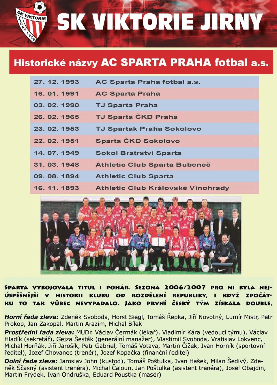 1893 Athletic Club Královské Vinohrady Sparta vybojovala titul i pohár. Sezona 2006/2007 pro ni byla nejúspěšnější v historii klubu od rozdělení republiky, i když zpočátku to tak vůbec nevypadalo.