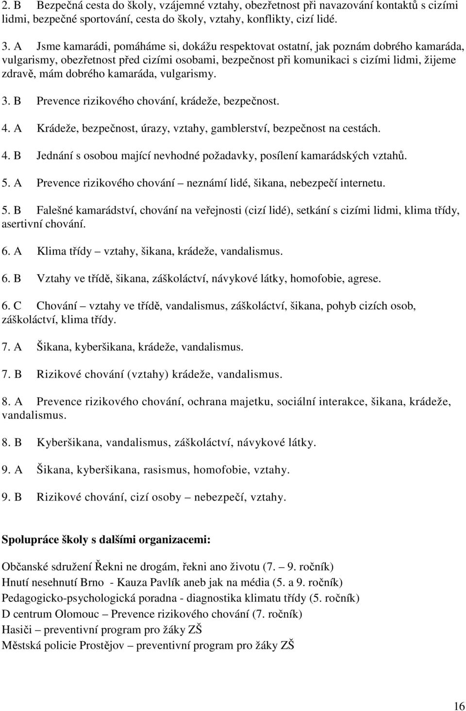 dobrého kamaráda, vulgarismy. 3. B Prevence rizikového chování, krádeže, bezpečnost. 4. A Krádeže, bezpečnost, úrazy, vztahy, gamblerství, bezpečnost na cestách. 4. B Jednání s osobou mající nevhodné požadavky, posílení kamarádských vztahů.