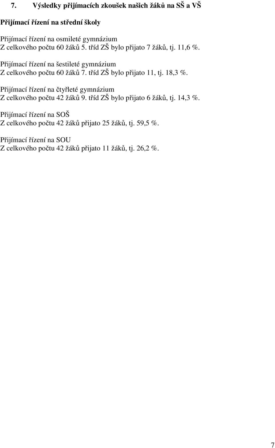 tříd ZŠ bylo přijato 11, tj. 18,3 %. Přijímací řízení na čtyřleté gymnázium Z celkového počtu 42 žáků 9. tříd ZŠ bylo přijato 6 žáků, tj.