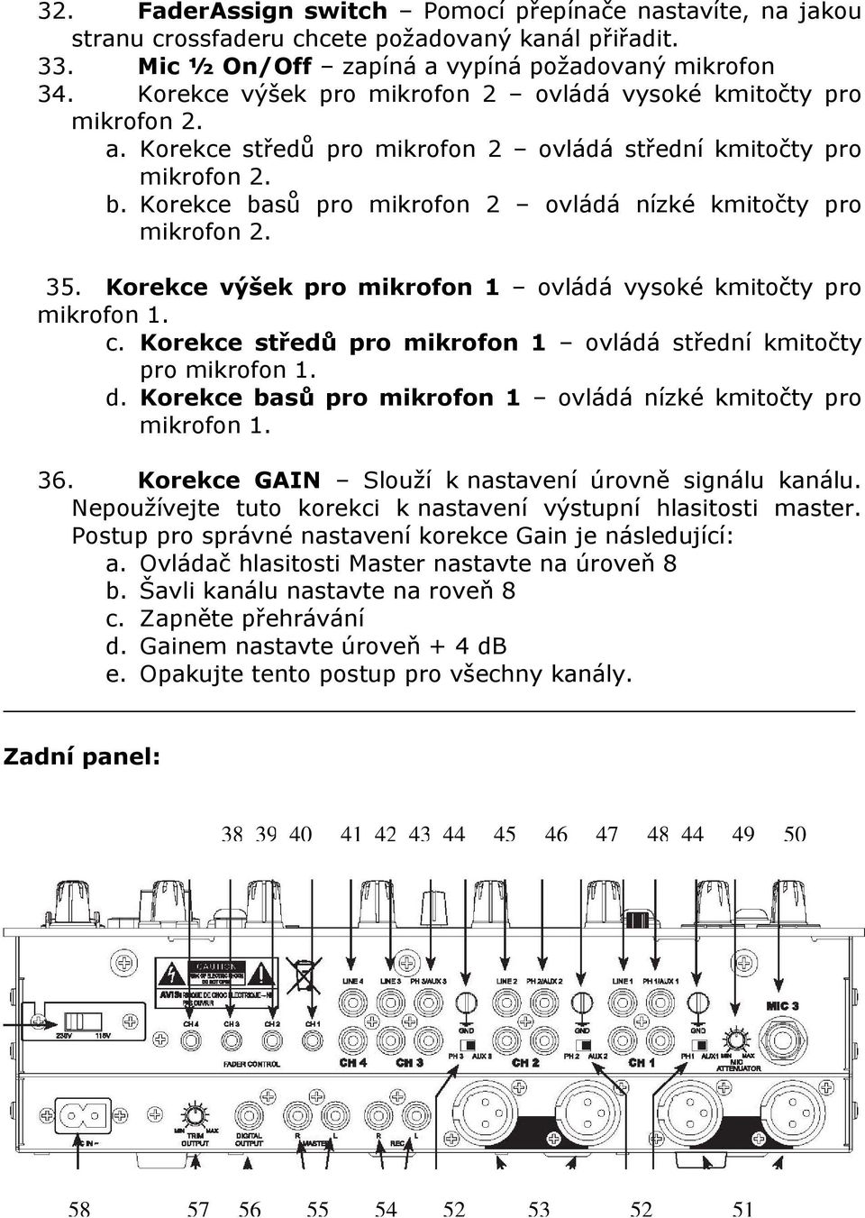 Korekce basů pro mikrofon 2 ovládá nízké kmitočty pro mikrofon 2. 35. Korekce výšek pro mikrofon 1 ovládá vysoké kmitočty pro mikrofon 1. c.