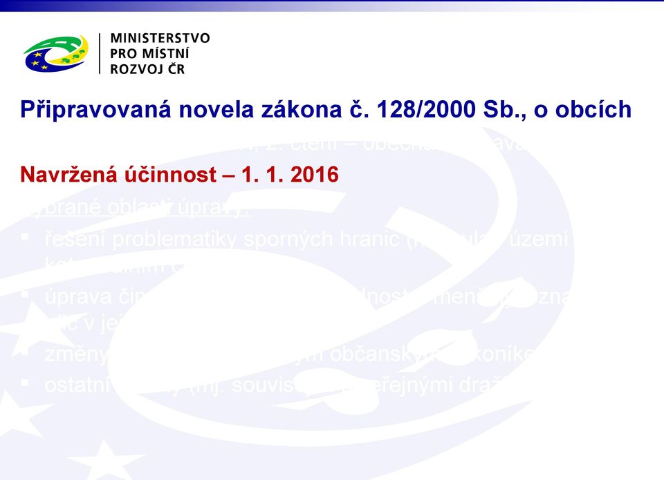 1. 2016 Vybrané oblasti úpravy: řešení problematiky sporných hranic (nesoulad území obce s katastrálním