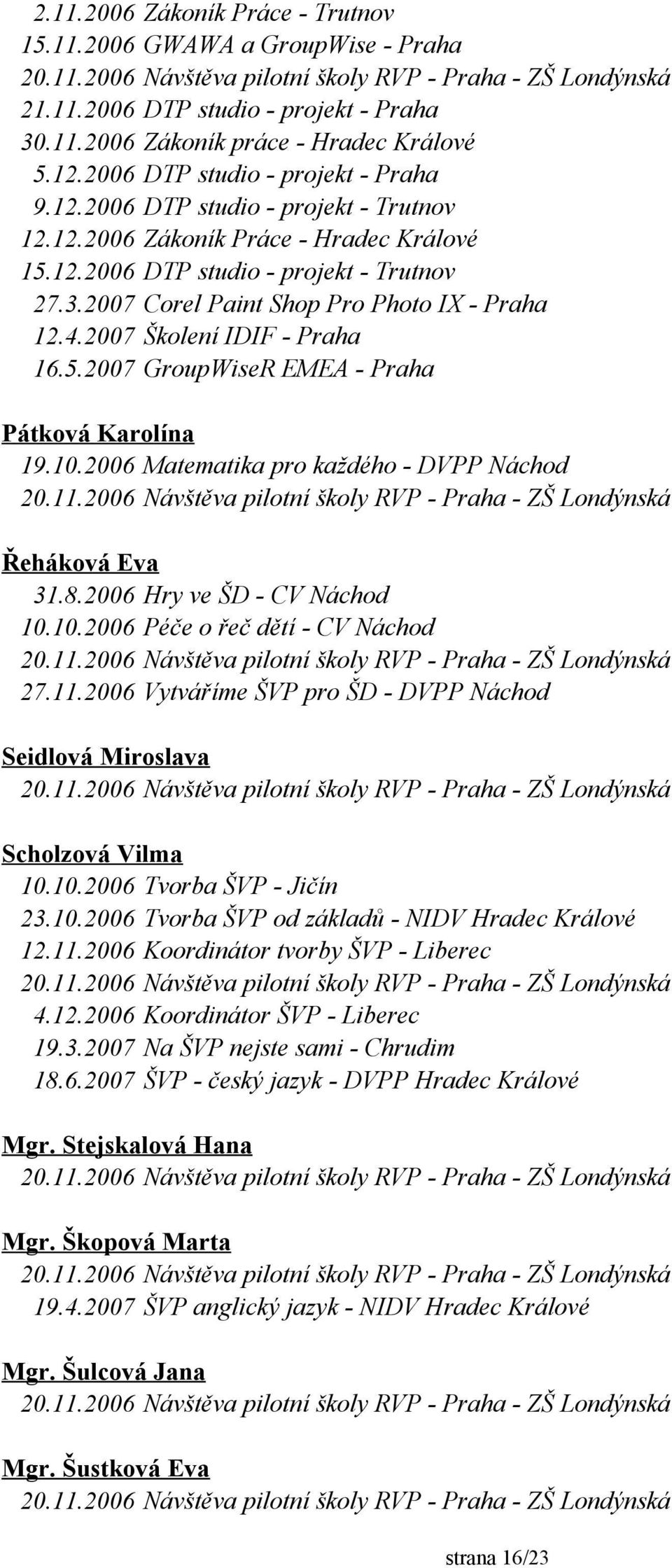 10.2006 Matematika pro každého - DVPP Náchod Řeháková Eva 31.8.2006 Hry ve ŠD - CV Náchod 10.10.2006 Péče o řeč dětí - CV Náchod 27.11.