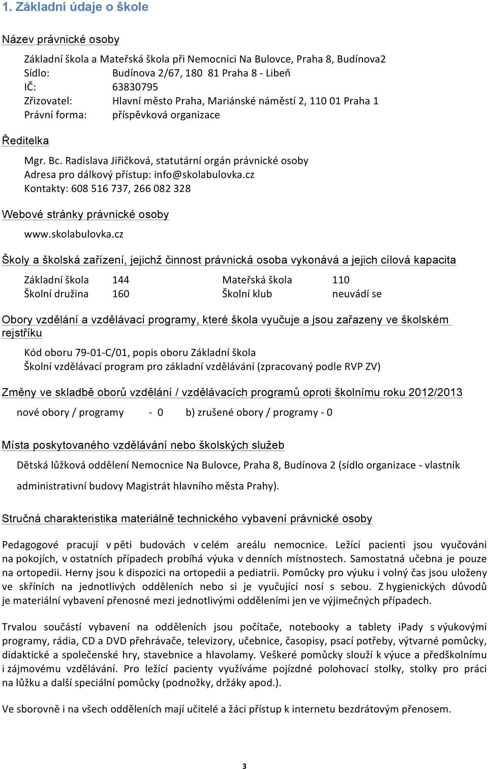 cz Kontakty: 608 56, 266 082 28 Webové stránky právnické osoby www.skolabulovka.