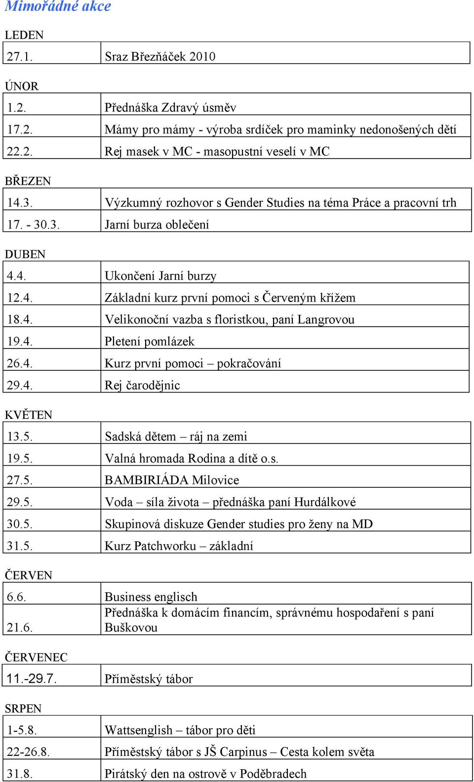 4. Pletení pomlázek 26.4. Kurz první pomoci pokračování 29.4. Rej čarodějnic KVĚTEN 13.5. Sadská dětem ráj na zemi 19.5. Valná hromada Rodina a dítě o.s. 27.5. BAMBIRIÁDA Milovice 29.5. Voda síla života přednáška paní Hurdálkové 30.