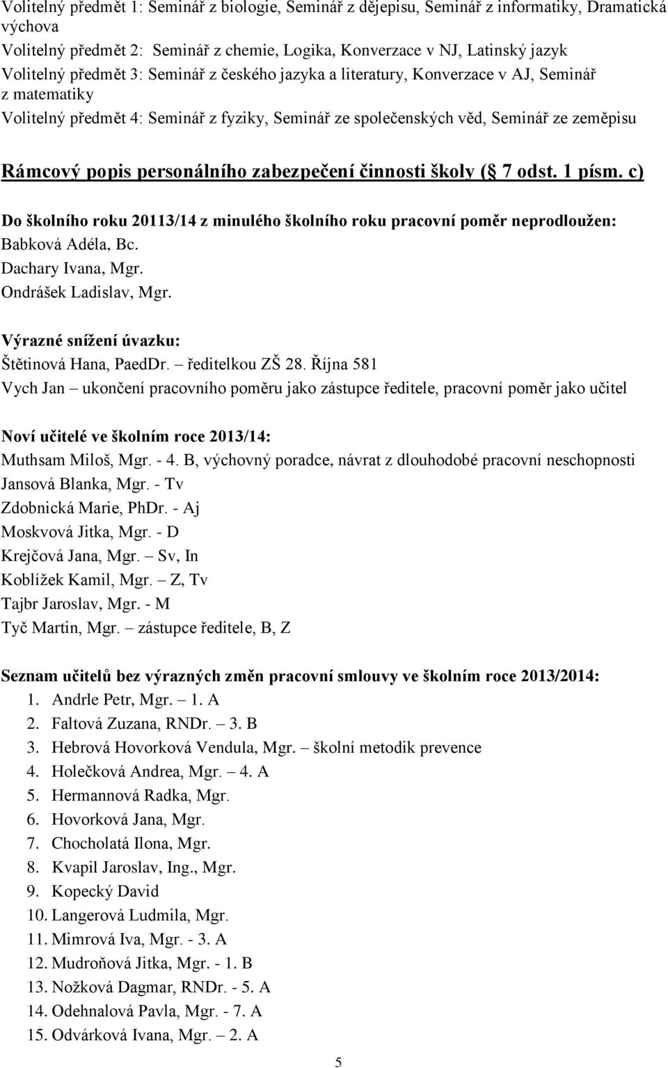 zabezpečení činnosti školy ( 7 odst. 1 písm. c) Do školního roku 20113/14 z minulého školního roku pracovní poměr neprodloužen: Babková Adéla, Bc. Dachary Ivana, Mgr. Ondrášek Ladislav, Mgr.