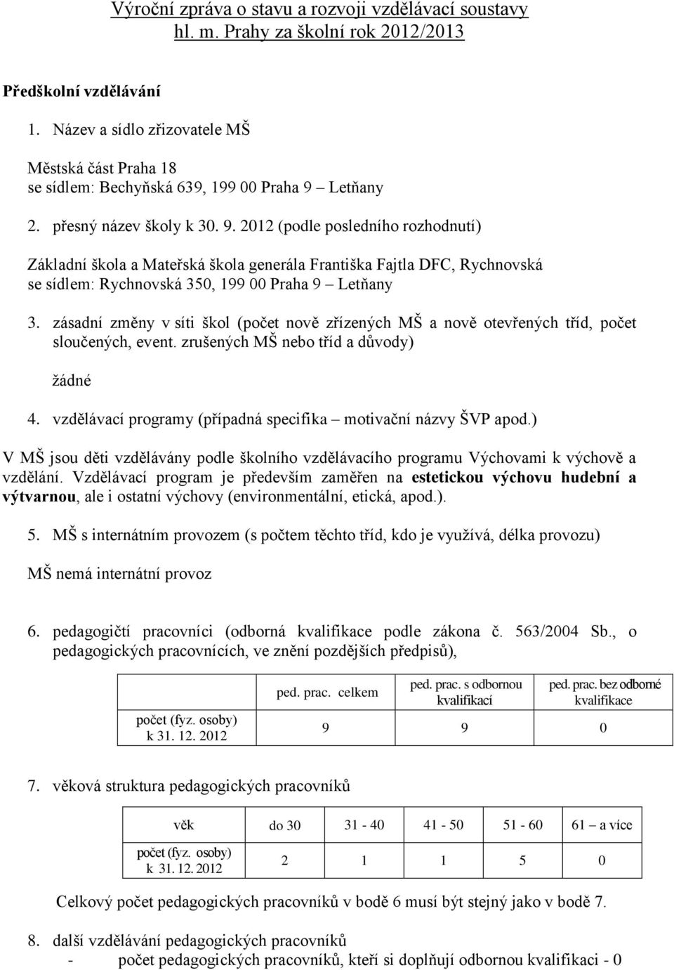 Letňany 2. přesný název školy k 30. 9. 2012 (podle posledního rozhodnutí) Základní škola a Mateřská škola generála Františka Fajtla DFC, Rychnovská se sídlem: Rychnovská 350, 199 00 Praha 9 Letňany 3.