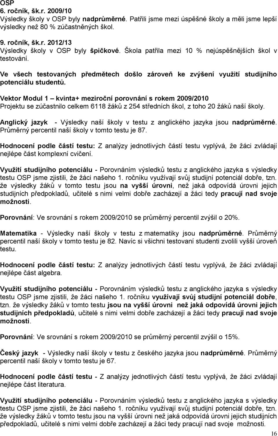 Vektor Modul kvinta+ meziroční porovnání s rokem 2009/200 Projektu se zúčastnilo celkem 68 žáků z 254 středních škol, z toho 20 žáků naší školy.