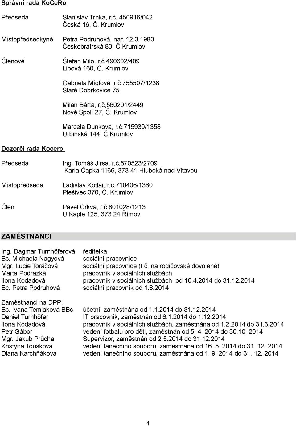 Krumlov Předseda Místopředseda Člen Ing. Tomáš Jirsa, r.č.570523/2709 Karla Čapka 1166, 373 41 Hluboká nad Vltavou Ladislav Kotlár, r.č.710406/1360 Plešivec 370, Č. Krumlov Pavel Crkva, r.č.801028/1213 U Kaple 125, 373 24 Římov ZAMĚSTNANCI Ing.