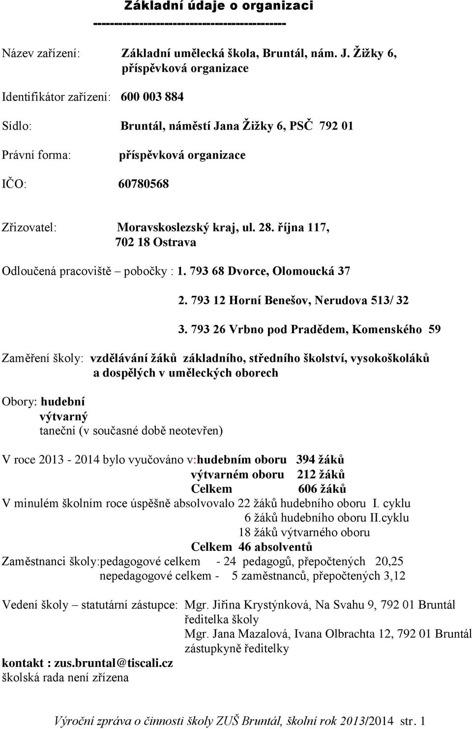 kraj, ul. 28. října 117, 702 18 Ostrava Odloučená pracoviště pobočky : 1. 793 68 Dvorce, Olomoucká 37 2. 793 12 Horní Benešov, Nerudova 513/ 32 3.