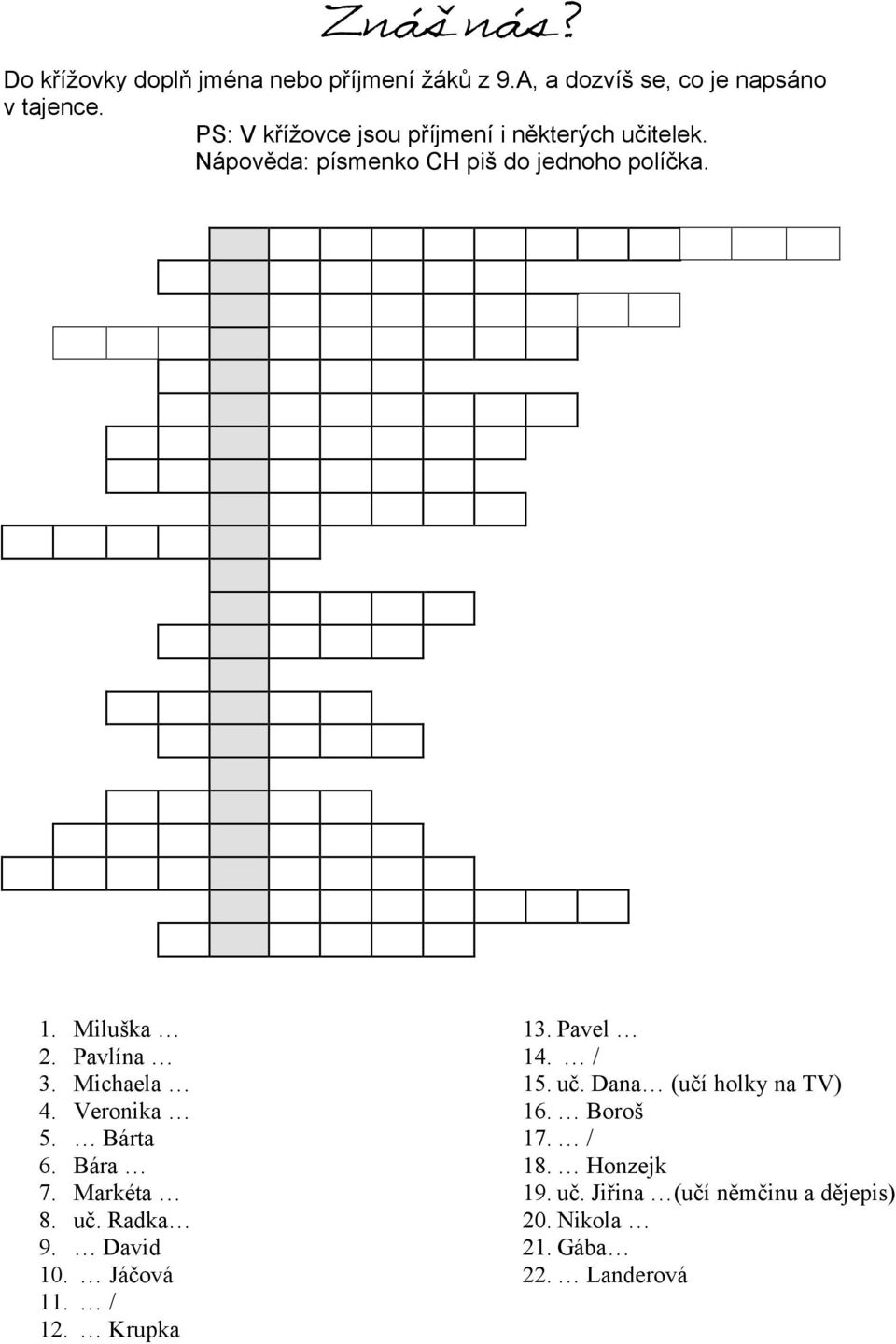 Pavlína 3. Michaela 4. Veronika 5. Bárta 6. Bára 7. Markéta 8. uč. Radka 9. David 10. Jáčová 11. / 12. Krupka 13.