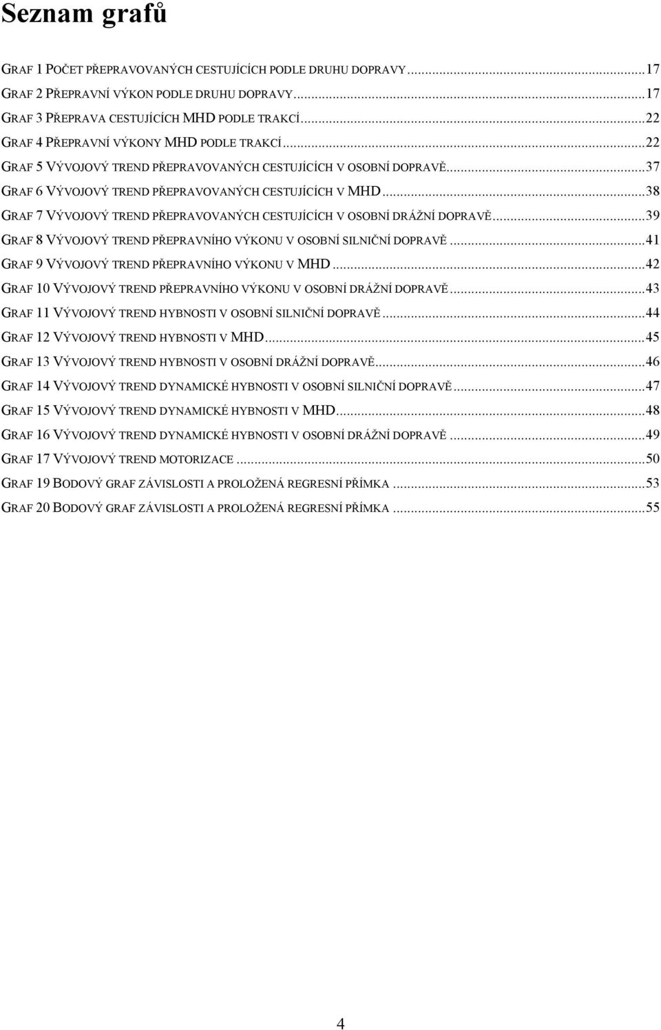..38 GRAF 7 VÝVOJOVÝ TREND PŘEPRAVOVANÝCH CESTUJÍCÍCH V OSOBNÍ DRÁŽNÍ DOPRAVĚ...39 GRAF 8 VÝVOJOVÝ TREND PŘEPRAVNÍHO VÝKONU V OSOBNÍ SILNIČNÍ DOPRAVĚ...41 GRAF 9 VÝVOJOVÝ TREND PŘEPRAVNÍHO VÝKONU V MHD.
