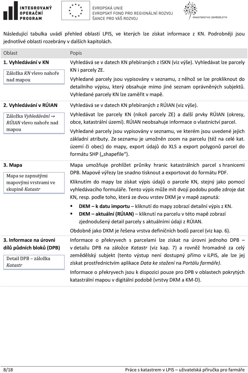 Informace na úrovni dílů půdních bloků (DPB) Detail DPB záložka Katastr Popis Vyhledává se v datech KN přebíraných z ISKN (viz výše). Vyhledávat lze parcely KN i parcely ZE.