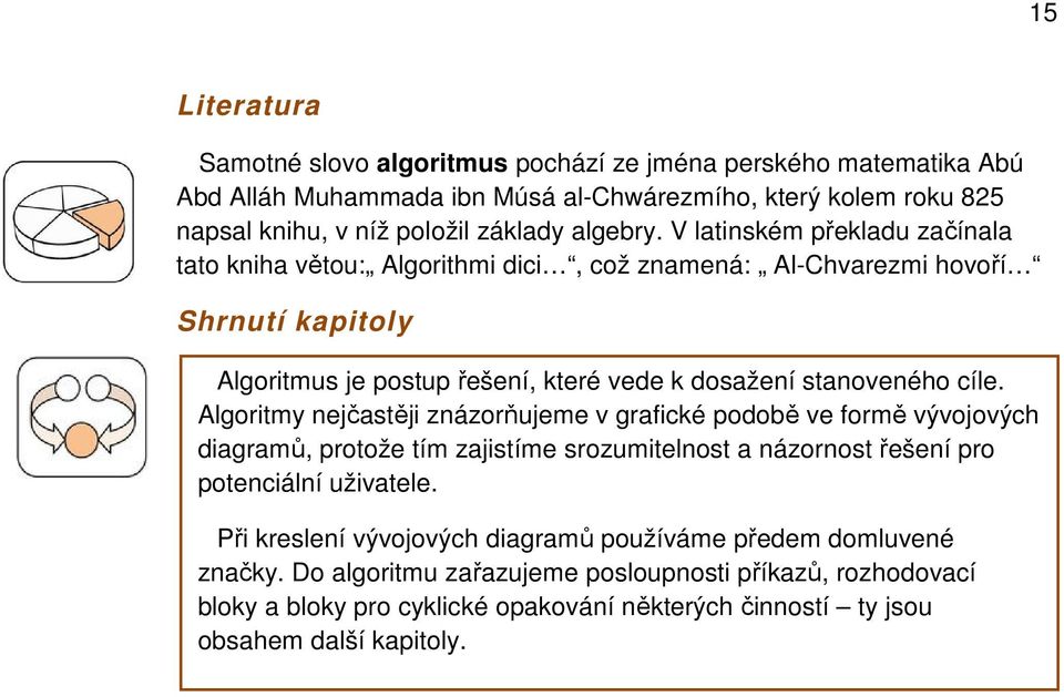 V latinském překladu začínala tato kniha větou: Algorithmi dici, což znamená: Al-Chvarezmi hovoří Shrnutí kapitoly Algoritmus je postup řešení, které vede k dosažení stanoveného cíle.