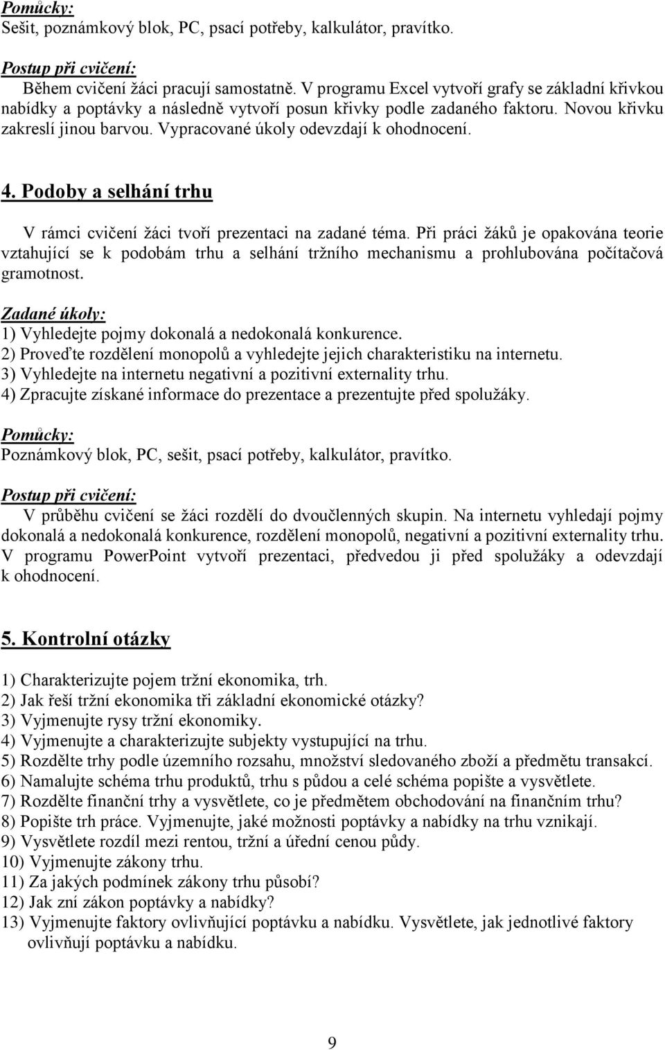 Vypracované úkoly odevzdají k ohodnocení. 4. Podoby a selhání trhu V rámci cvičení žáci tvoří prezentaci na zadané téma.