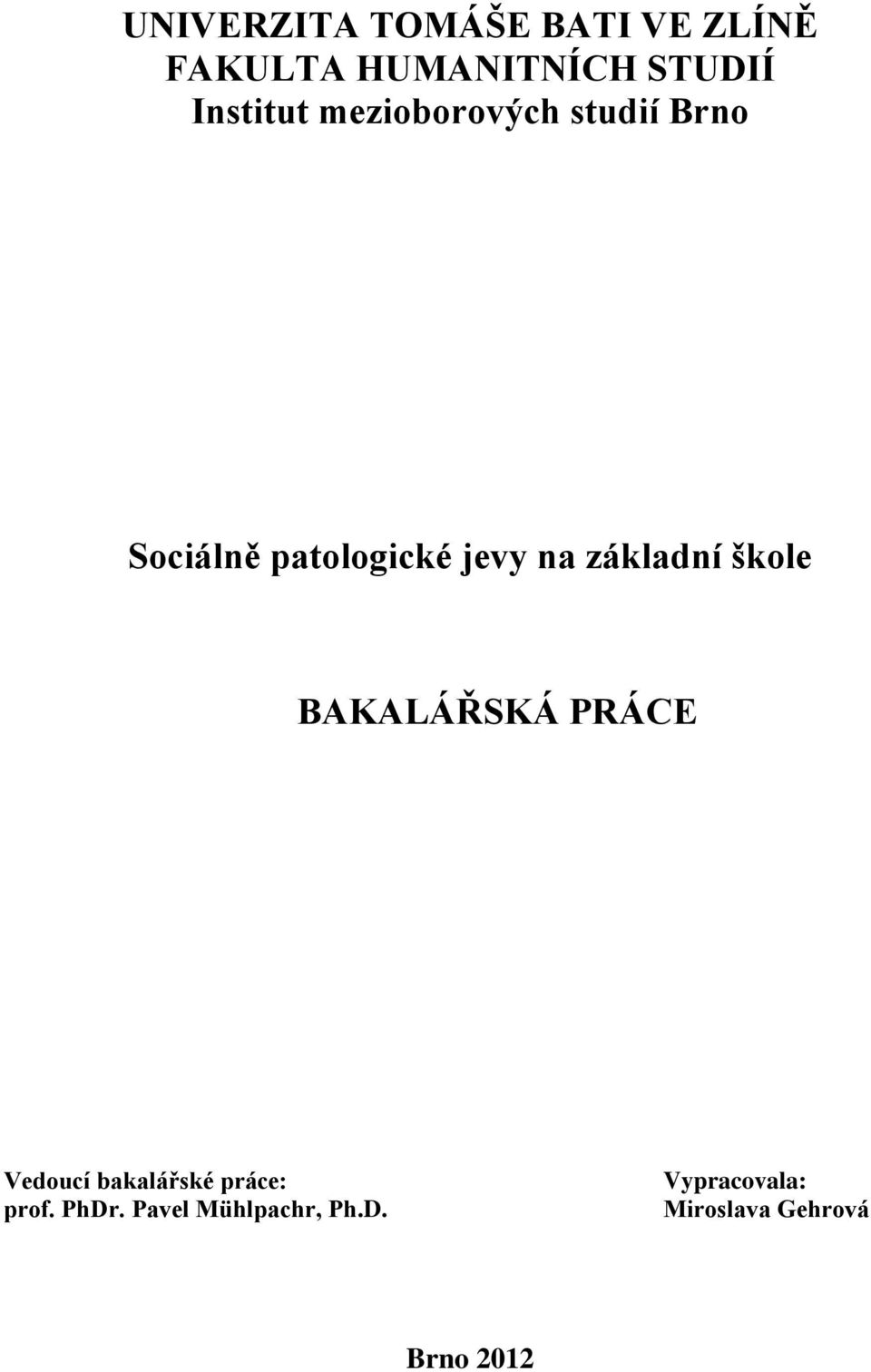 základní škole BAKALÁŘSKÁ PRÁCE Vedoucí bakalářské práce: prof.